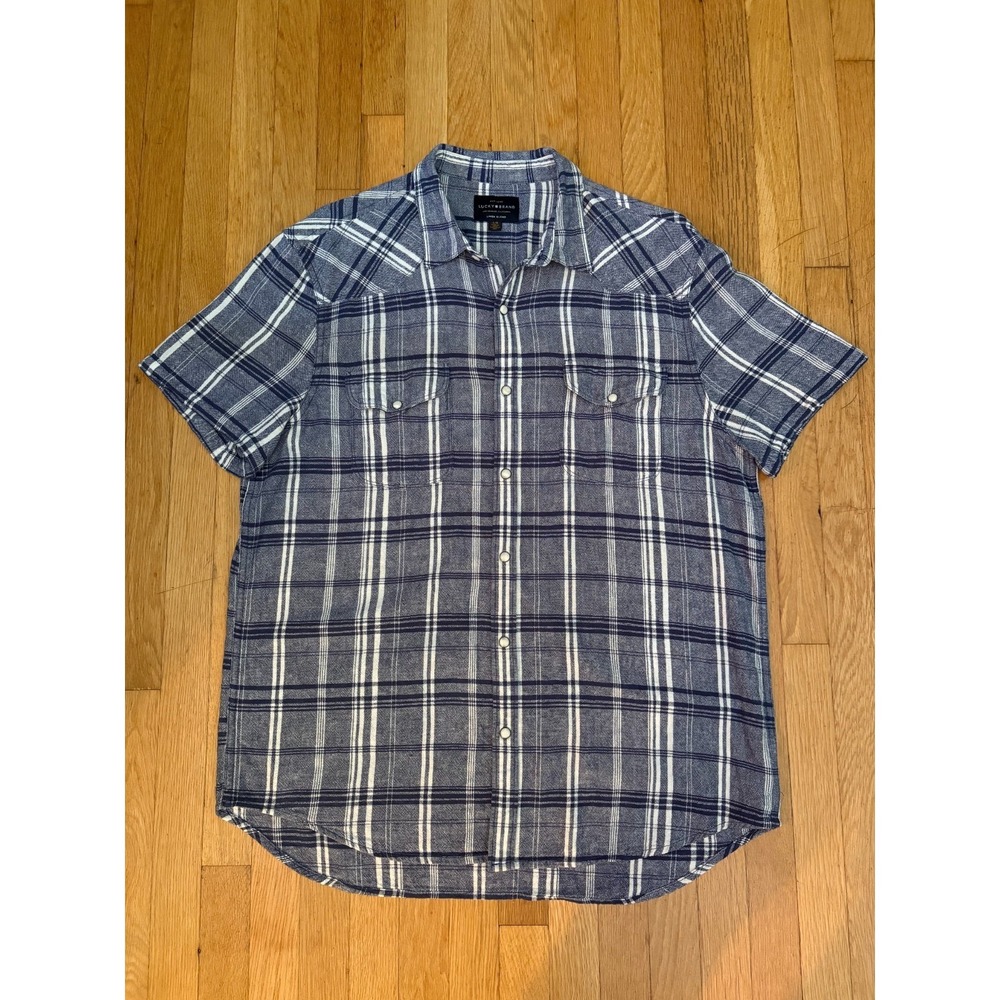 Lucky Brand Linen Blend Pearl Snap Western Shirt Mens Large Blue Plaid